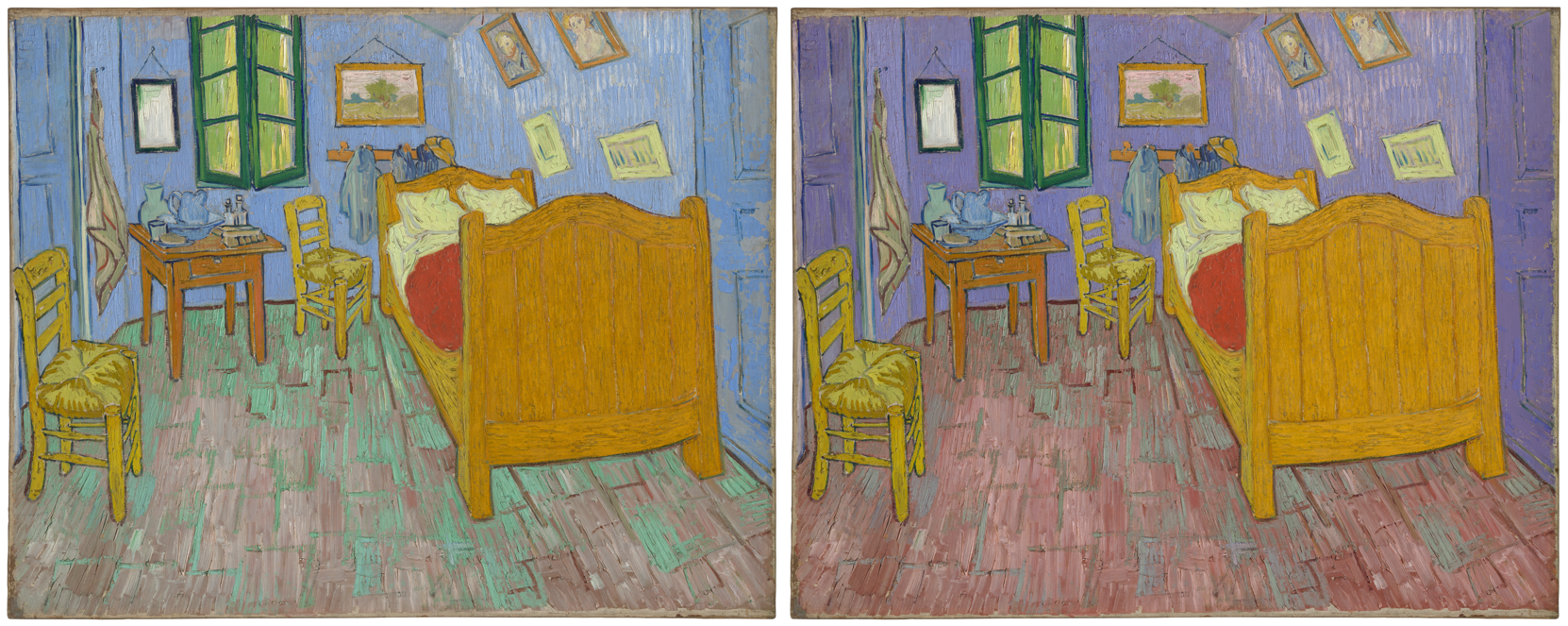 Vincent van Gogh (Dutch, 1853–1890). The Bedroom, by Sept. 5, 1889. Oil on canvas; 73.6 x 92.3 cm (29 x 36 5/16 in.). The Art Institute of Chicago, Helen Birch Bartlett Memorial Digital recolorized visualization by Roy S. Berns and Brittany Cox, Munsell Color Science Laboratory, Rochester Institute of Technology, and Kelly Keegan, Department of Conservation, the Art Institute of Chicago